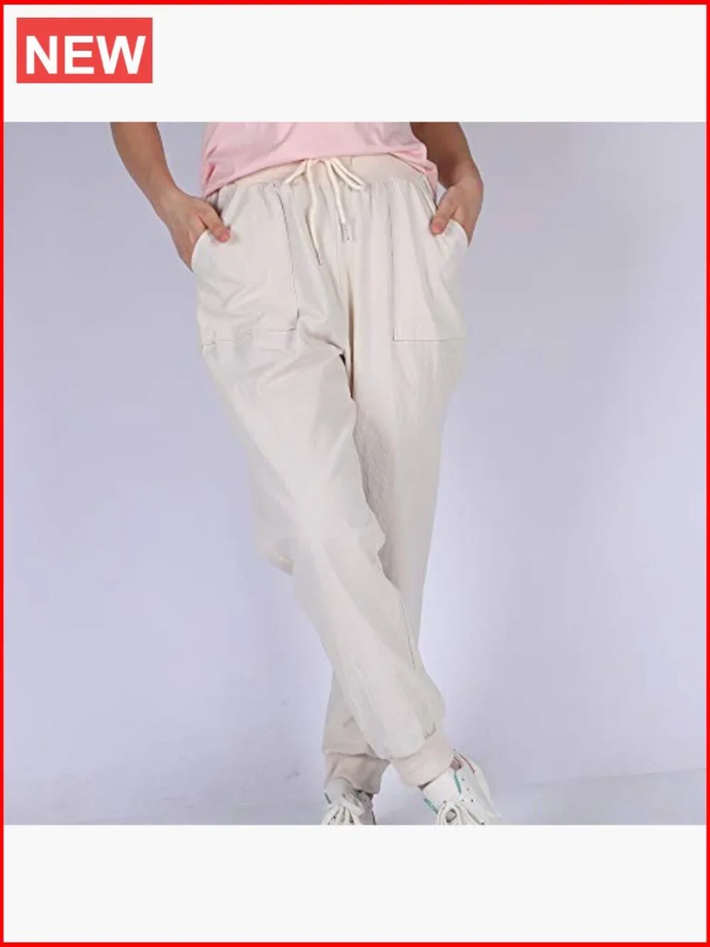 Cotton Linen Tapered Pants Drawstring Elastic Waist Casual Trousers with Pockets